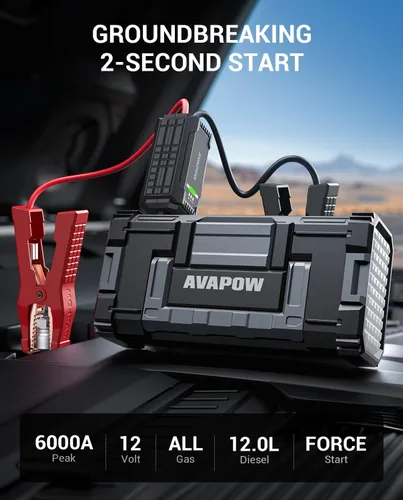 Miniatura 2 de AVAPOW - Arrancador auxiliar de batería de automóvil, 6000 A, carga máxima de 32000 mAh, alta potencia,con carga rápida USB