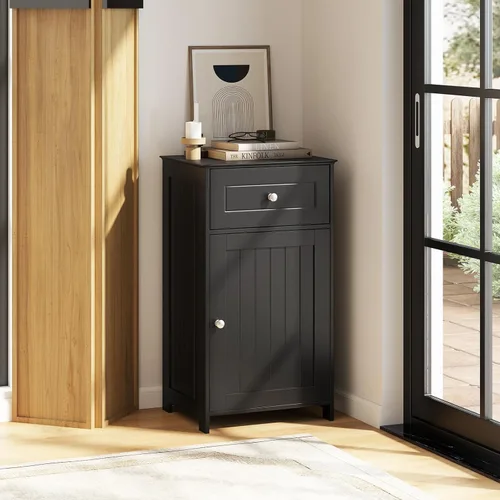 Miniatura 4 de Giantex Armario de almacenamiento de baño de piso, gabinete independiente con cajón, puerta, estante ajustable, dispositivo antivuelco, organizador