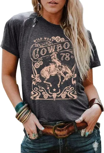 Western Rodeo - Camiseta de manga corta para mujer, estilo vintage, con calavera de ganado, diseño de vaquero y música country