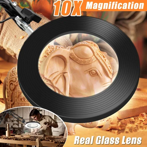 Miniatura 2 de Lupa de 10 veces con luz y soporte, regulador de intensidad ajustable con brazo oscilante 2 en 1, lámpara de escritorio y abrazadera, lupa
