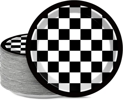 48 platos de papel de fiesta con bandera a cuadros en blanco y negro para suministros de fiesta de autos de carreras de 7 pulgadas, platos de postre