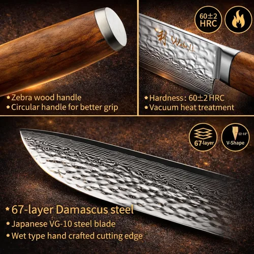 Miniatura 8 de Wakoli Juego de Bloques de Cuchillos de Damasco – Juego de 4 Piezas de Cuchillos de Cocina Profesionales con Bloque Magnético – Juego de Cuchillos