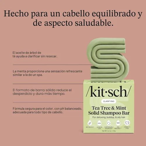 Miniatura 5 de Kitsch Tea Tree & Mint Clarifying Shampoo and Shave Bar, Champú anticaspa para hombres y mujeres, sin plástico, sin sulfato. Champú para el cabello