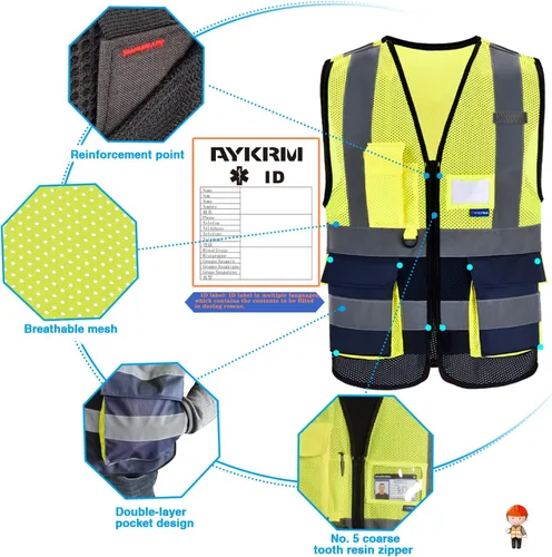 Miniatura 3 de A-SAFETY - Chaleco de seguridad de alta visibilidad con 4 bandas reflectantes y 7 bolsillos, malla color amarillo y azul marino, talla XS Malla