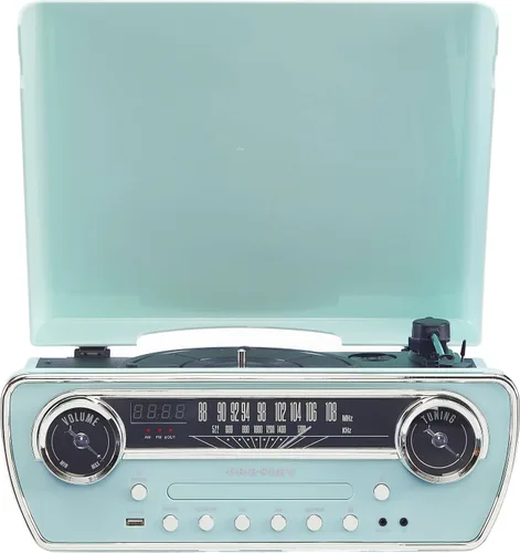 Miniatura 13 de Crosley CR6047A-AB Powel 7-en-1 Tocadiscos Bluetooth con entrada/salida de vinilo, radio AM/FM, reproductor de CD y entrada auxiliar, Azul Aqua
