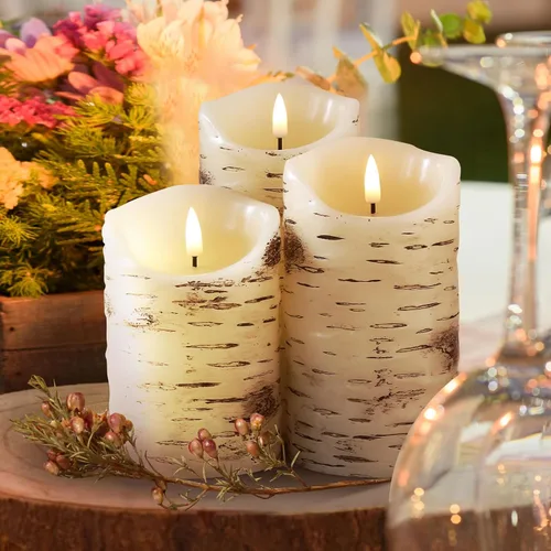 Miniatura 7 de Eywamage Velas de pilar sin llama de corteza de abedul con control remoto, velas LED rústicas parpadeantes con batería de madera, juego de 3 Parte