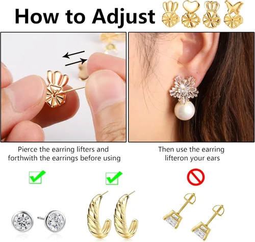 Miniatura 2 de Espalda de aretes para orejas caídas, 8 pares hipoalergénicos para levantadores de aretes para tachuelas, dorso ajustable de oro de 18 quilates