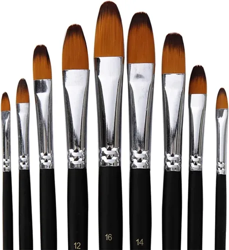 Juego de 9 pinceles profesionales Filbert para aceite acrílico, acuarela, gouache, kits de pintura con mango largo, pelo de nailon, color negro