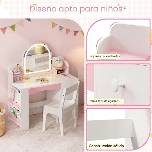 Miniatura 5 de Teckid Juego de tocador para niños con silla y luces, escritorio de maquillaje de princesa 2 en 1, mesa de tocador para niños pequeños con espejo