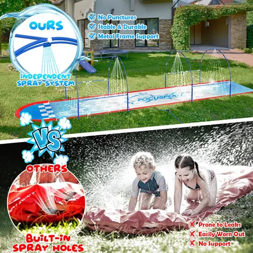 Miniatura 2 de Tobogán acuático de césped de 23 pies con marco de metal doble y sistema de riego independiente, tobogán de agua para patio trasero de niños