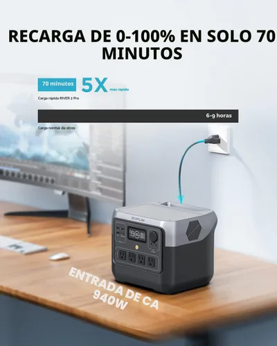 Miniatura 2 de EF ECOFLOW Estación de energía portátil RIVER 2 Pro, batería LiFePO4 de 768 Wh, carga rápida de 70 minutos, 4 salidas de CA de 800 W