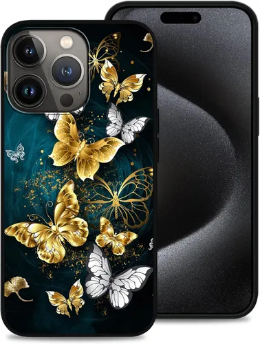 Funda diseñada para iPhone 15 Pro Max, funda de teléfono con patrón de mariposa dorada y blanca para hombres, mujeres, niños y niñas, TPU suave,