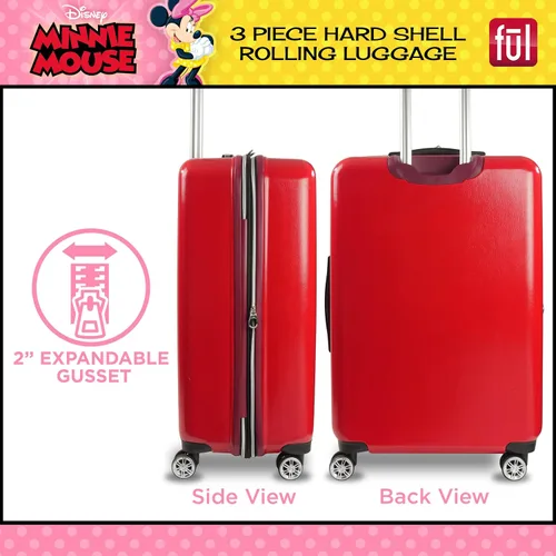 Miniatura 3 de FUL Disney Minnie Mouse Patchwork - Juego de equipaje con ruedas de 3 piezas, maleta rígida con ruedas, 21, 25 y 29 pulgadas, color rojo, Rojo