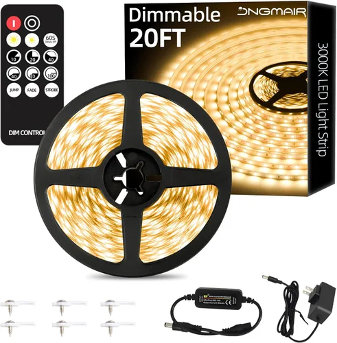 Tira de luces LED de 20 pies con control remoto, 3000 K luces de cinta cálida y regulable, 12 V, 360 LED, 2835 luces adhesivas fuertes para armario,