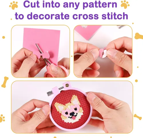 Miniatura 3 de Caydo 5 piezas de kits de punto de cruz para niños con patrones de gatos y perros, kits de punto de cruz estampados para principiantes, llavero DIY
