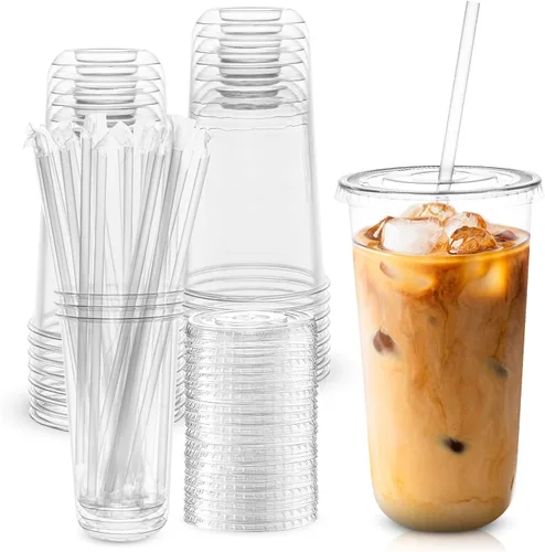 Miniatura 10 de TINSKY Juego de 50 vasos de plástico transparente con tapas y pajitas, tazas desechables para café helado, mascotas para bebidas frías, jugos