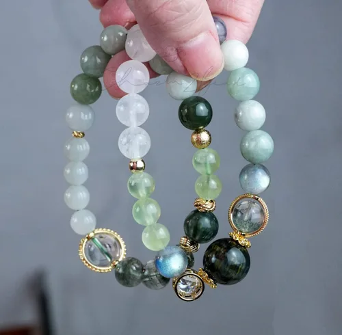 Miniatura 139 de Precious Gemstone Natural Crystal Healing Bracelet, Rutilated Quartz, Moonstone, Quartz Handmade Original Design Bracelet