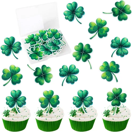 Miniatura 16 de 1 paquete de decoración para pastel de cumpleaños del día de San Patricio con purpurina verde de trébol de la suerte de cuatro hojas, trébol