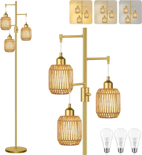 Miniatura 22 de Lámparas de pie doradas para sala de estar lámpara de pie vintage con forma de L de vidrio y tres bombillas led, lámpara de pie verde de latón