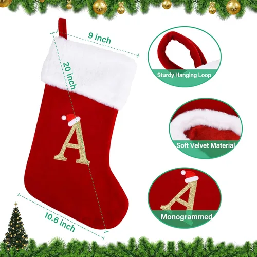 Miniatura 2 de Medias de Navidad con monograma de 20 pulgadas con letras, medias de Navidad grandes súper suaves, terciopelo rojo con puño de felpa blanco súper