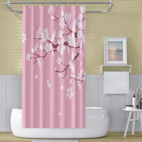 Miniatura 3 de Cortina de ducha japonesa con flores de cerezo blanco, pétalos que caen, decoración de fondo rosa, tela impermeable, cortina de baño floral