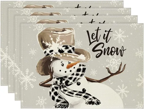 Miniatura 10 de Artoid Mode Juego de 4 manteles individuales de invierno con diseño de copos de nieve y muñeco de nieve rojo de 12 x 18 pulgadas para decoración