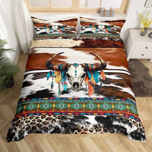 Miniatura 22 de Erosebridal Funda de edredón de piel de vaca marrón con estampado de vaca de las tierras altas, juego de ropa de cama occidental exótico azteca
