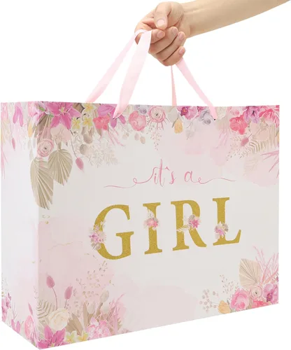 Miniatura 6 de Juego de bolsas de regalo extra grandes de 16.5 pulgadas con asas, tarjeta de felicitación, papel de seda rosa y calcomanías para niñas y niños