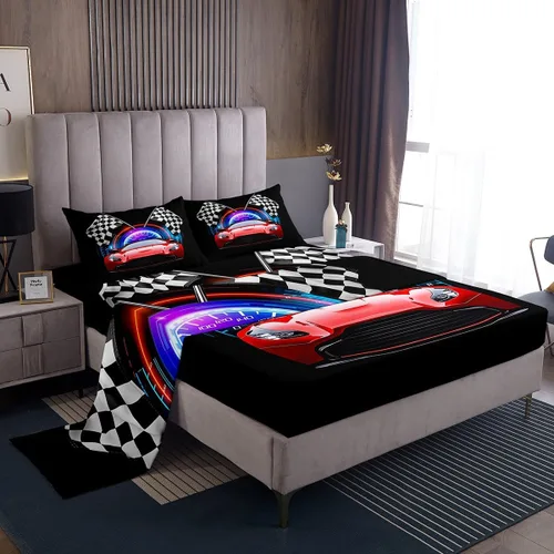 Erosebridal Red Race Car - Juego de sábanas para niños y adolescentes, tamaño individual, juego de 3 piezas, sábana bajera + sábana encimera + 1