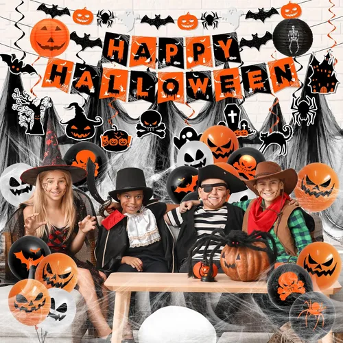 Miniatura 4 de Decoraciones de Halloween, decoraciones de fiesta de Halloween naranja y negro, remolinos colgantes, pancarta de araña de fantasma y murciélago