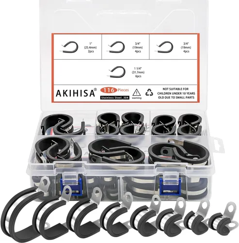 Miniatura 10 de AKIHISA Kit de 56 abrazaderas de cable de 1/4"-1", 7 tamaños, abrazaderas de conducto de acero inoxidable 304, para cable, tubería, manguera, línea