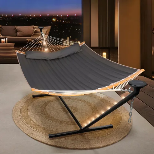 Miniatura 9 de SUNCREAT Hamaca doble para exteriores con soporte de 12 pies, hamacas autoportantes con soporte, beige