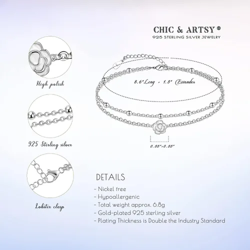 Miniatura 155 de CHIC & ARTSY Tobilleras delicadas de plata de ley S925 para verano, pulsera de tobillo ajustable multicapa para playa, joyería de pie para mujer