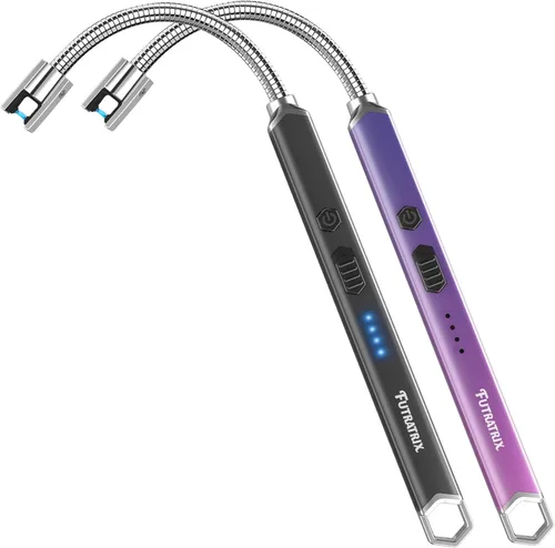 Encendedor electrónico de velas de arco, resistente al viento, sin llama, recargable por USB (paquete de 2 unidades, negro y rosa/morado degradado)