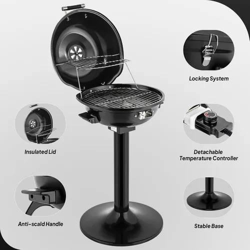Miniatura 6 de ROVSUN - Parrilla eléctrica vertical de 1600W con tapa, parrilla de acero inoxidable 304 negro con bandeja de goteo extraíble, diseño de doble capa