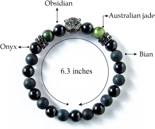 Miniatura 2 de Udjat Pulsera de cabeza de leopardo de pantera negra de la suerte, jade elástico hecho a mano, pulseras de chakras para mujer, pulsera de jade