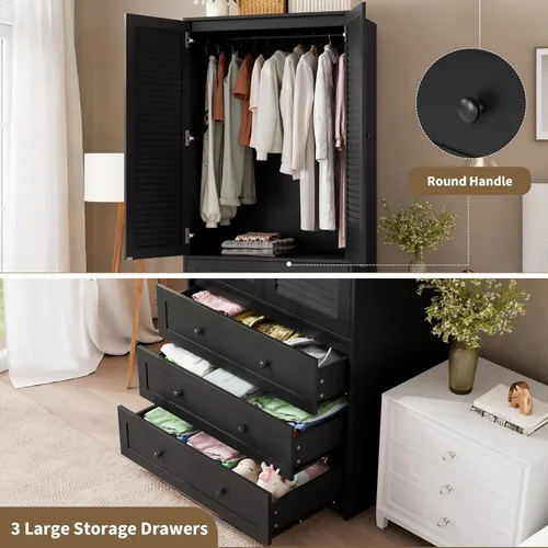 Miniatura 6 de GarveeHome Armario para guardar ropa con cajones, armario de madera de 69.5 pulgadas con barra para colgar, armario de almacenamiento para ropa