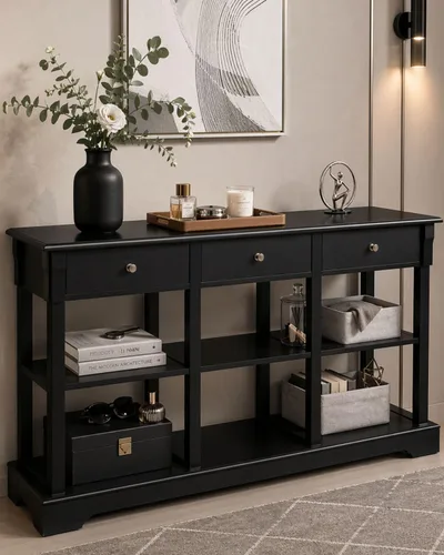 Karl home Mesa consola con 3 cajones, escritorio de entrada de 58 pulgadas de ancho, mesa auxiliar con 6 estantes inferiores de almacenamiento, Negro