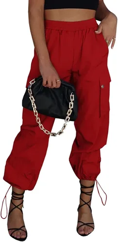 Miniatura 10 de Pantalones de paracaídas para mujer, cintura alta elástica, pantalones cargo Y2K holgados con 4 bolsillos