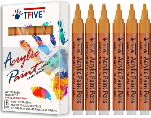 Miniatura 9 de Rotuladores de pintura acrílica dorados, punta media de 0.079 a 0.118 pulgadas, paquete de 6 bolígrafos de pintura permanente a base de agua dorados