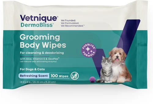 Vetnique Furbliss/Dermabliss Toallitas para mascotas para perros y gatos para aseo, limpieza y desodorización, toallitas gruesas para perros para