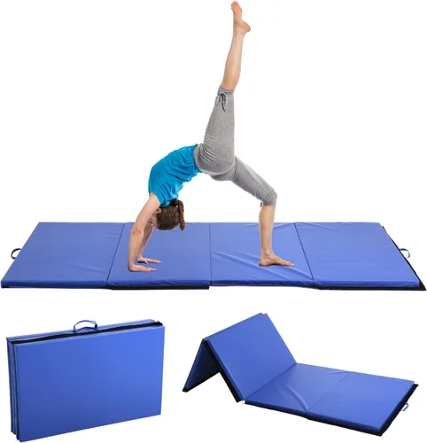 Miniatura 8 de Colchoneta de gimnasia para acrobacias, plegable, tapete de ejercicio para niños, adultos, tapete de yoga de piel sintética con asas de transporte