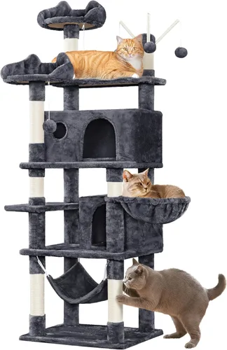 Miniatura 11 de Yaheetech Árbol para gatos, torre grande de 67 pulgadas con 3 palitos extraíbles, 2 perchas en forma de orejas de gatito, 2 condominios, hamaca