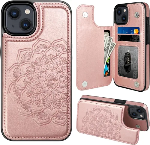 MMHUO Funda para iPhone 14 con tarjetero y parte trasera magnética de flores para iPhone 14, funda protectora para iPhone 14, color oro rosa