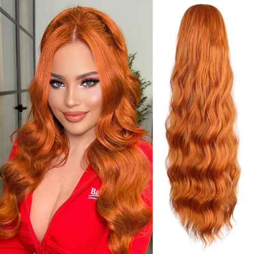 Miniatura 12 de FREEMEIGE Extensiones de cola de caballo largas onduladas con cordón para mujeres, extensiones de cabello con clip para cola de caballo, mezcla