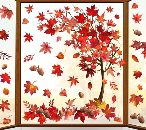 Miniatura 11 de Whaline 6 Hojas de Calcomanías de Hojas de Arce Otoñales para Ventanas Acción de Gracias Acuarela Árbol de Arce Hojas Naranja-Marrón Calabazas