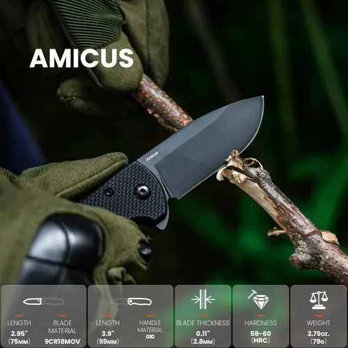 Miniatura 2 de Kizer Amicus Cuchillo de bolsillo pequeño, 2.95 pulgadas 9Cr18MoV hoja de acero, mango negro G10 plegable EDC cuchillo L3002A1