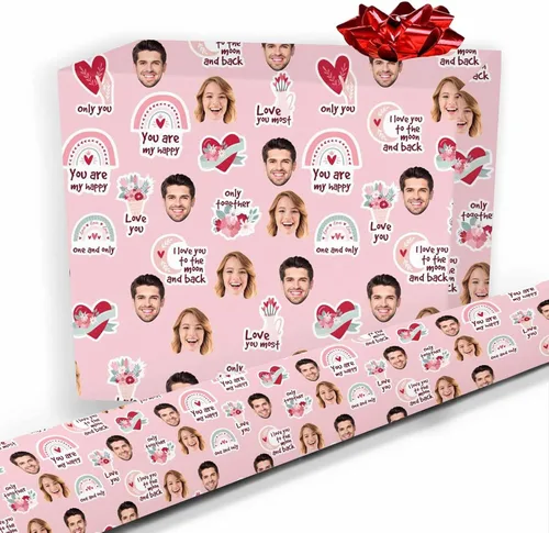 Miniatura 25 de Artsadd Papel de regalo personalizado con texto con imagen para aniversario, día de San Valentín, papel de regalo con foto personalizada con corazón