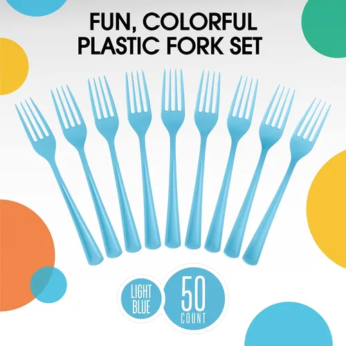 Miniatura 3 de Exquisite Tenedores de plástico azul claro, 50 piezas, tenedores azul claro, utensilios desechables, juego de cubiertos de plástico resistente
