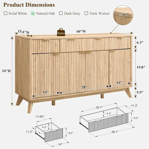 Miniatura 2 de T4TREAM - Gabinete grande de aparador con almacenamiento, mesa de buffet moderna estriada de 60" para barra de café, vino, gabinete de Roble natural